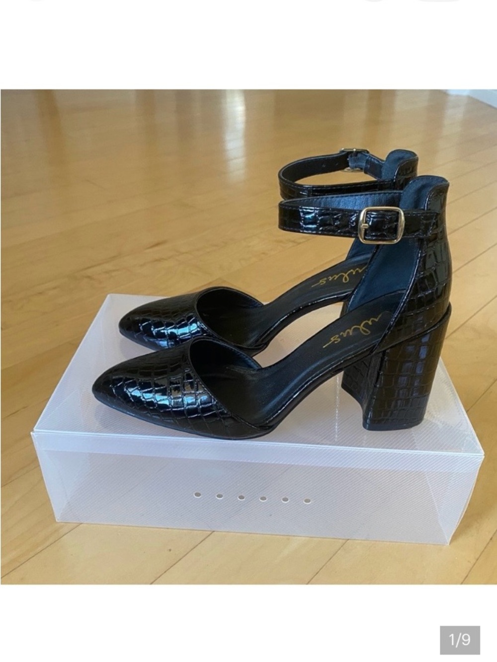 New Lulu's Black Vegan Leather Croc Embossed Ankle Strap Block Heel